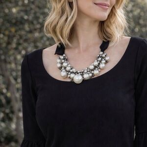 Pearl and Crystal embellished chain Necklace with Black Ribbon